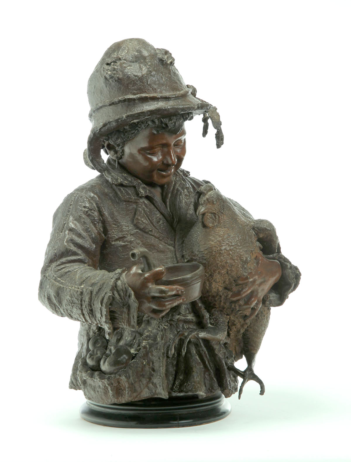 Appraisal: BRONZE BOY AND CHICKEN SIGNED ''L SERRANO'' EUROPEAN LATE TH