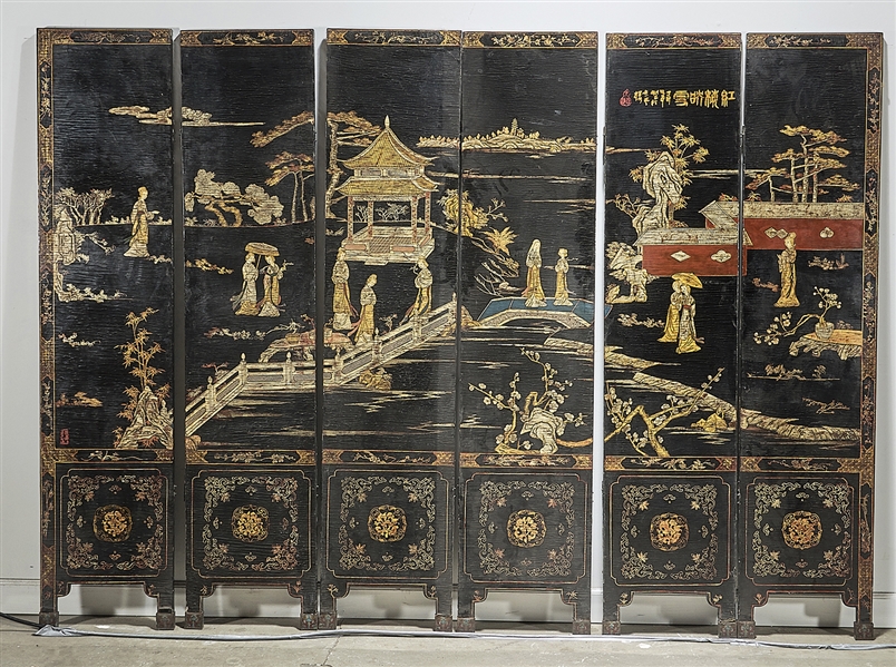 Appraisal: Chinese six-panel painted wood screen depicting ladies in a landscape