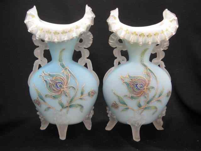 Appraisal: Pair of Victorian Enameled Satin Art Glass Vases floral on