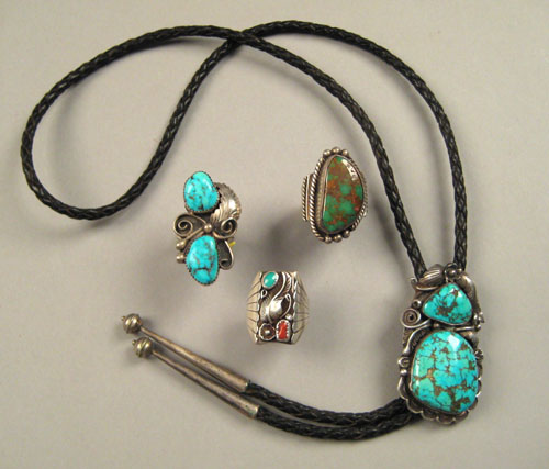 Appraisal: Isleta Pueblo silver bolo with two large turquoise in a