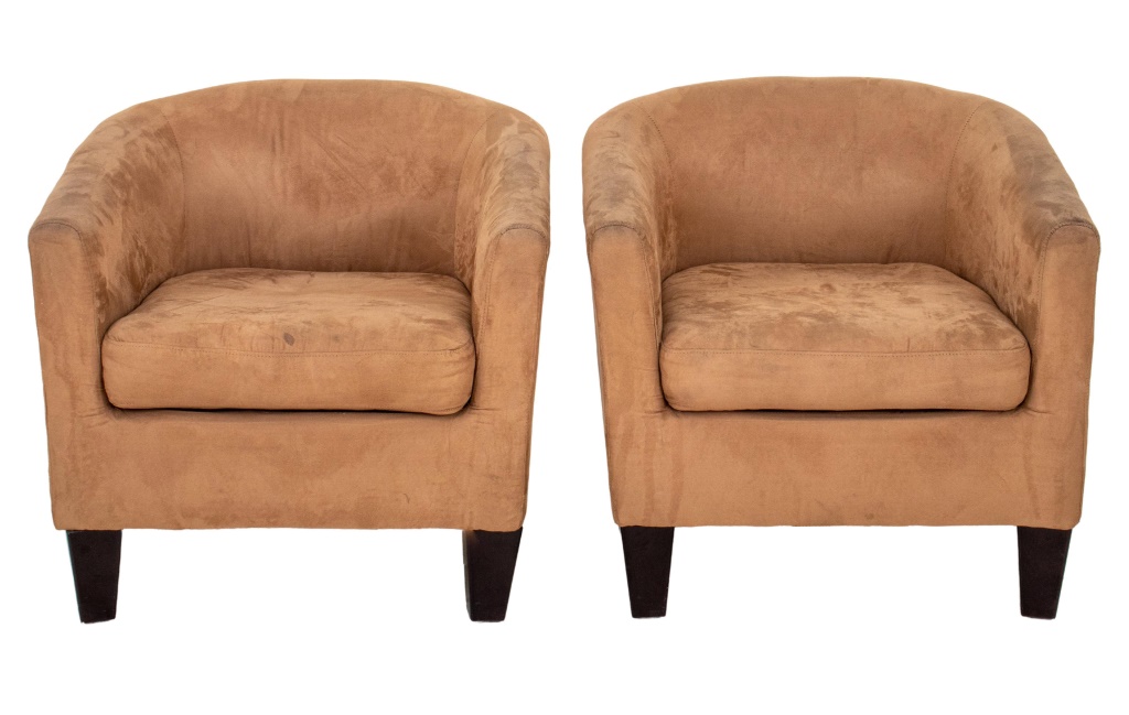 Appraisal: MODERN FAWN ULTRASUEDE TUB CHAIRS Modern fawn-colored ultrasuede covered tub