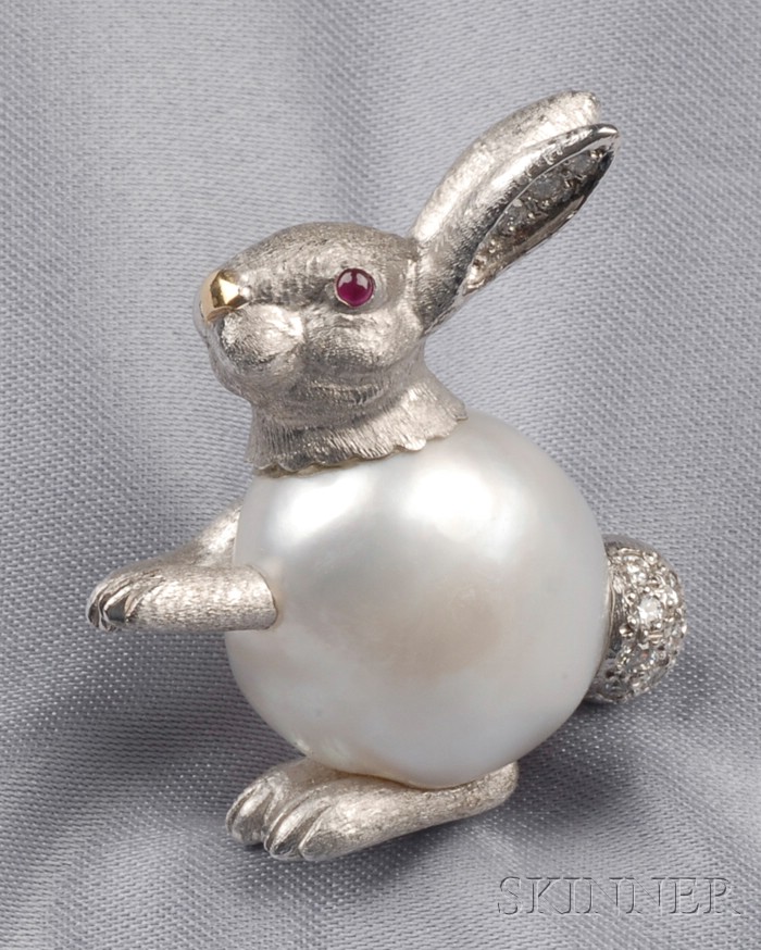 Appraisal: kt White Gold Baroque Pearl and Diamond Rabbit Brooch E