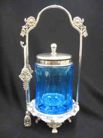 Appraisal: Victorian Pickle Castor blue glass insert panelled silverplate holder tongs