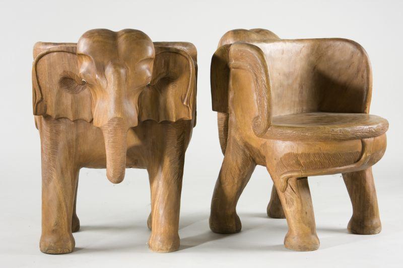 Appraisal: Pair of Elephant Carved Wooden Side Chairs with natural surfaces