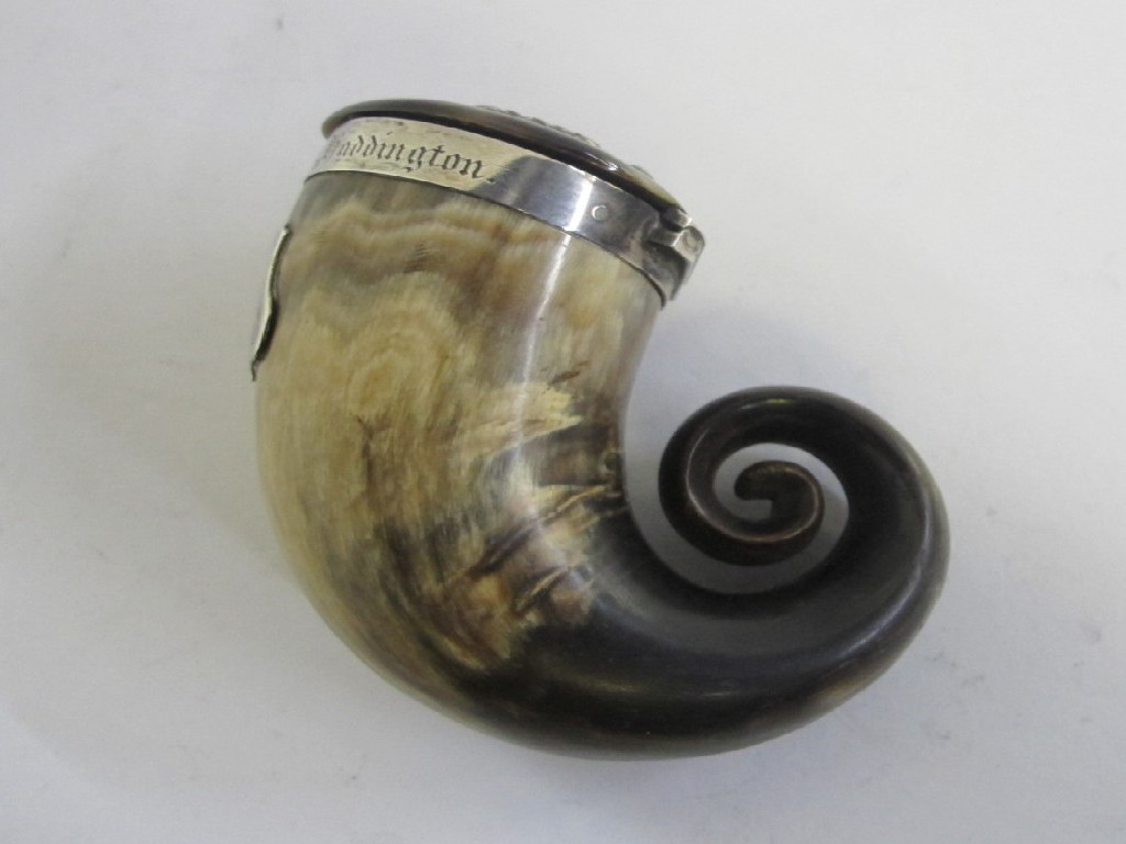 Appraisal: Horn and white metal mounted snuff mull with citrine inset