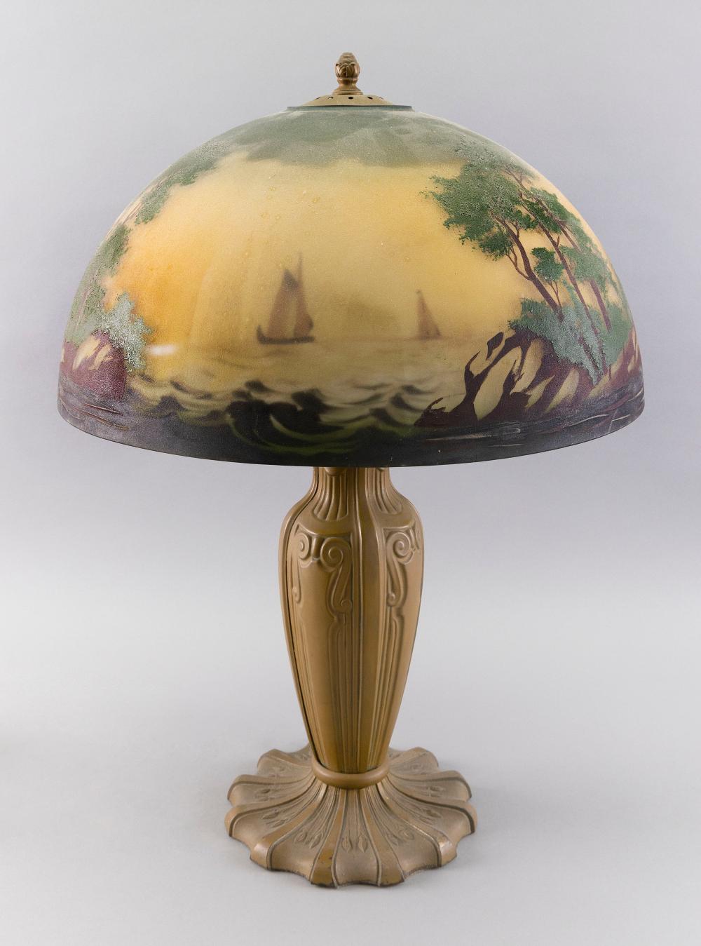 Appraisal: CAST METAL TABLE LAMP WITH REVERSE-PAINTED SHADE EARLY TO MID-