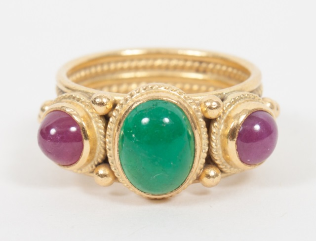 Appraisal: Lalaounis lady's K gold emerald and ruby ring with neoclassical