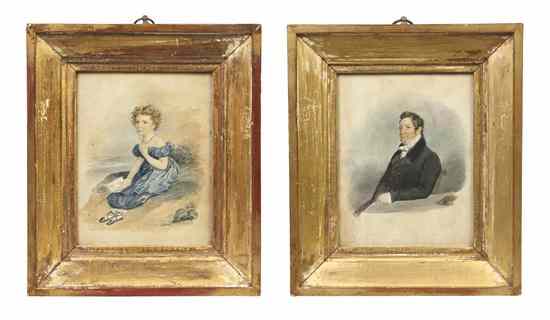 Appraisal: A Set of Three Watercolor Portraits depicting a mother a