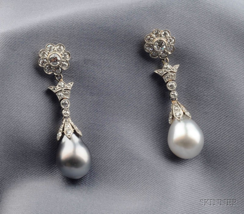 Appraisal: South Sea and Tahitian Pearl Earpendants each floral top bezel