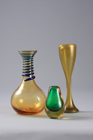 Appraisal: Three vases One pale amber with applied blue ribbon Blenko