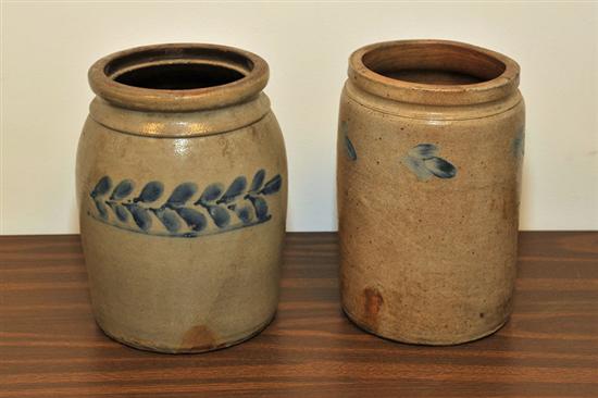 Appraisal: TWO STONEWARE CROCKS Each with foliate cobalt decoration A two