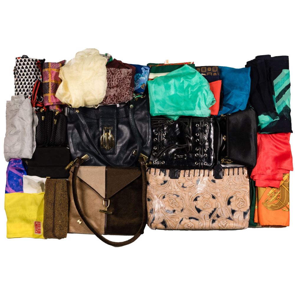 Appraisal: HANDBAG AND SCARF ASSORTMENT handbags including Arnold Scaasi for Meyers