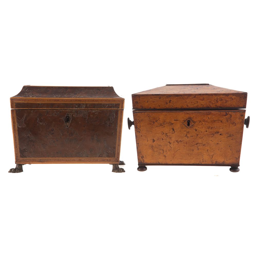 Appraisal: Two Regency Tea Caddies Circa sarcophagus form birds eye maple