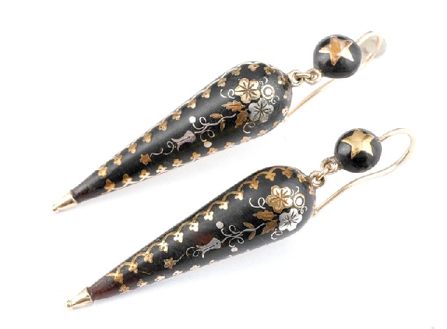 Appraisal: A PAIR OF VICTORIAN PIQUE DROP EARRINGS Circa The tapered