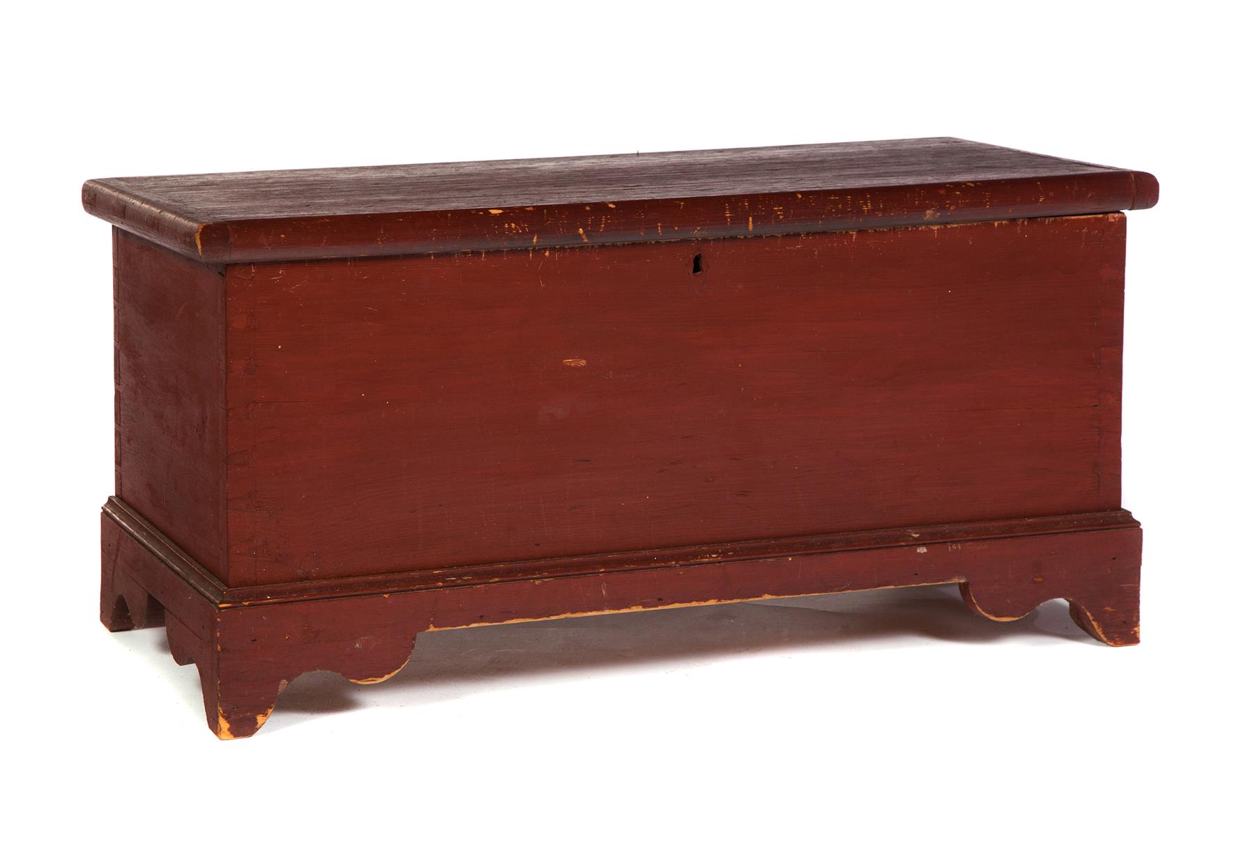 Appraisal: AMERICAN DIMINUTIVE BLANKET CHEST Ca pine Dovetailed case with breadboard