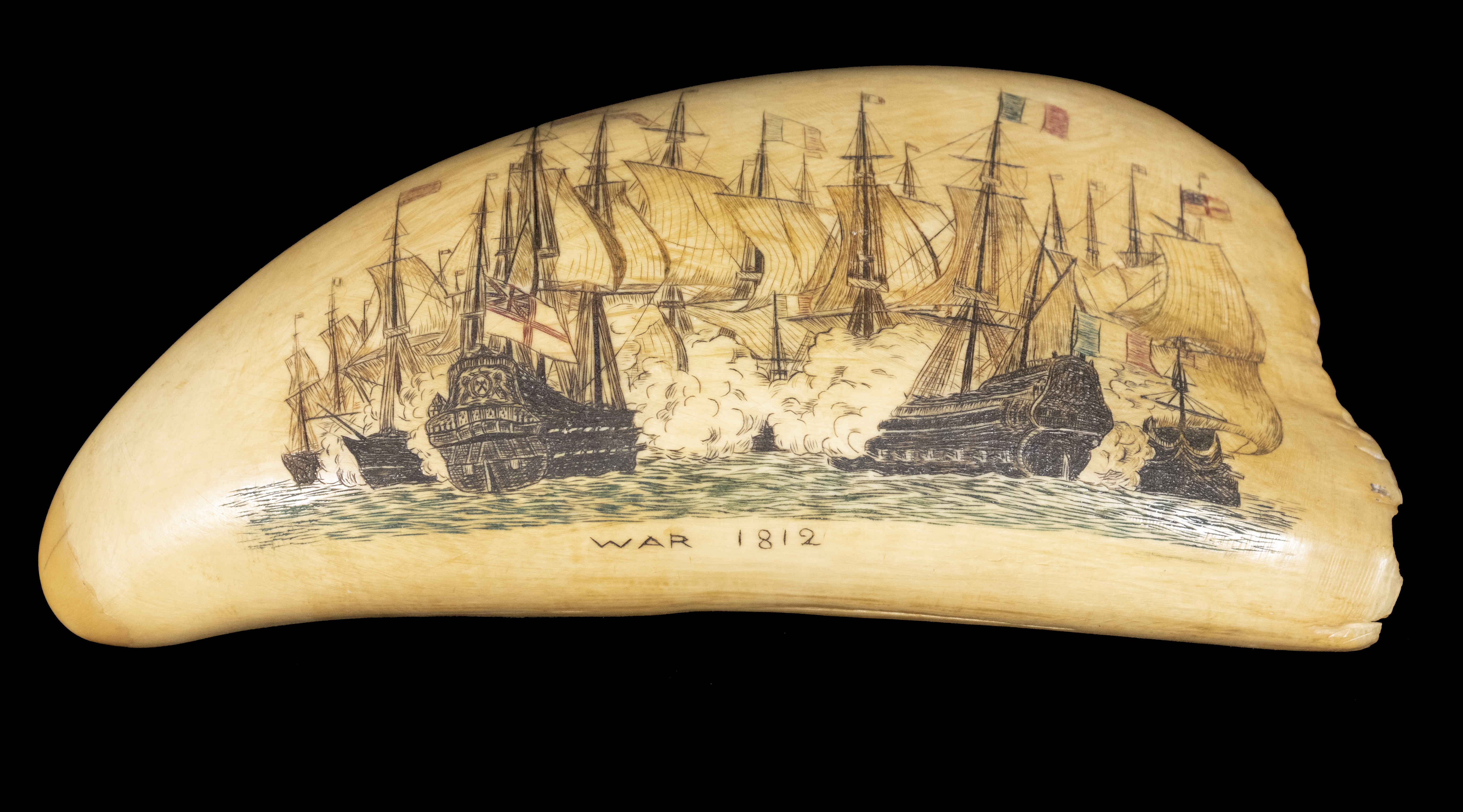 Appraisal: SCRIMSHAW SPERM WHALE TOOTH War polychrome depicting a massive naval