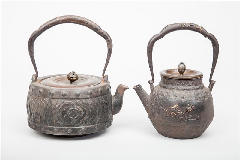 Appraisal: Japanese Gilt-Metal Mounted Bronze Teapot and another Bronze Teapot The