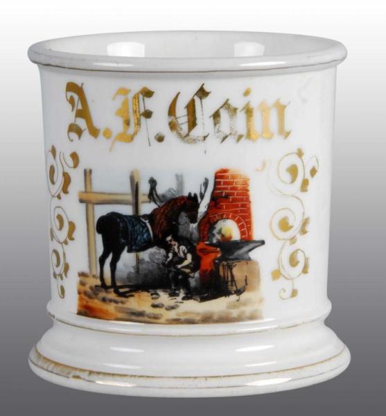 Appraisal: Occupational Shaving Barber Mug for Blacksmith Description Polychrome paint Name