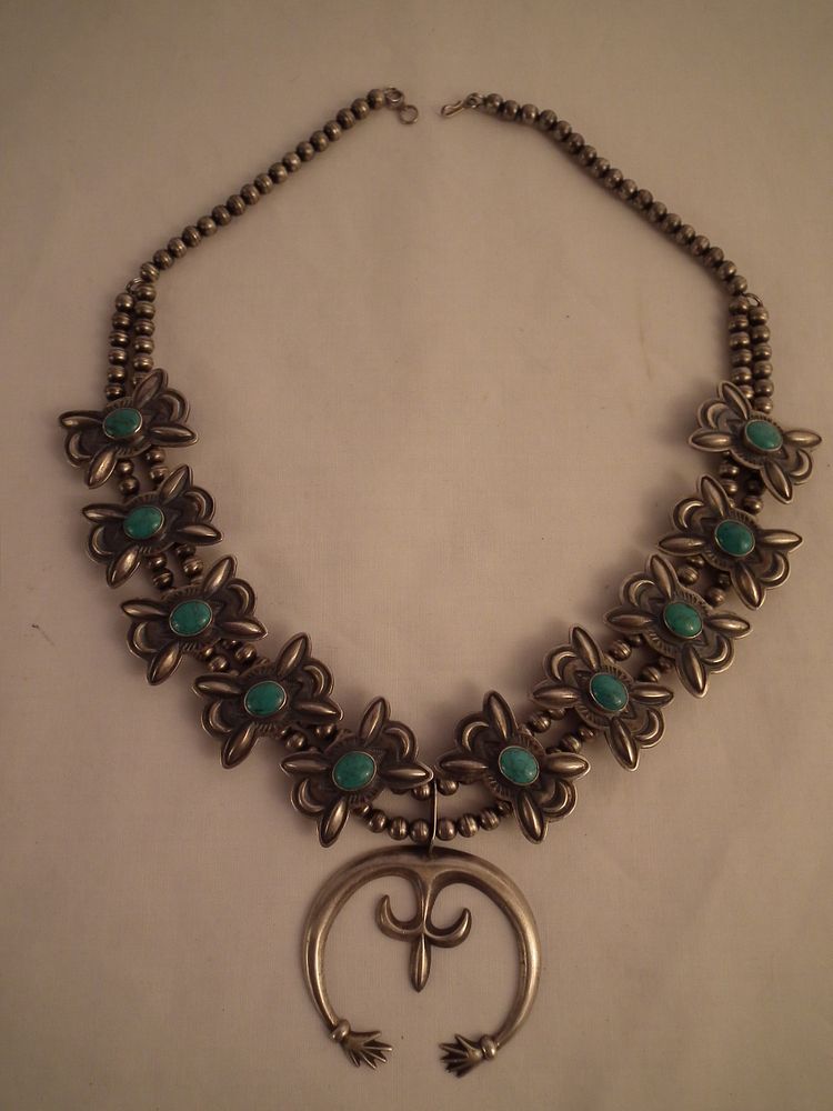 Appraisal: BJ NAVAJO SILVER SQUASH BLOSSOM NECKLACE Navajo pawn sterling silver