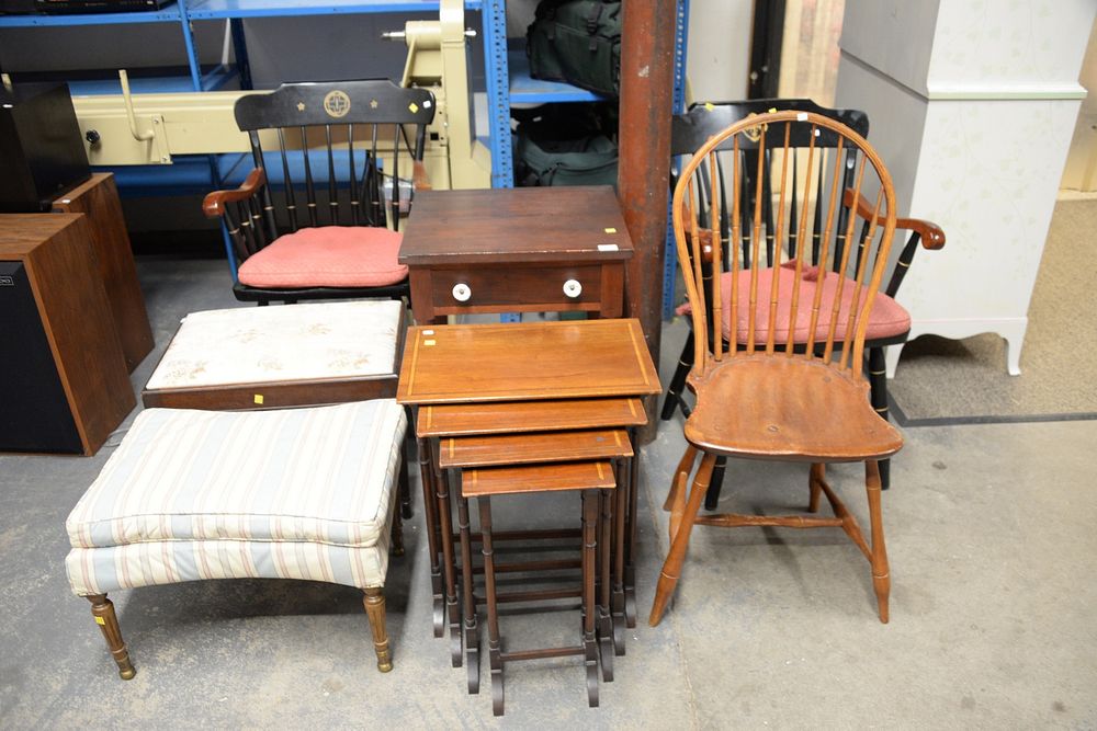 Appraisal: Eight-piece lot to include two college armchairs inlaid stacking tables