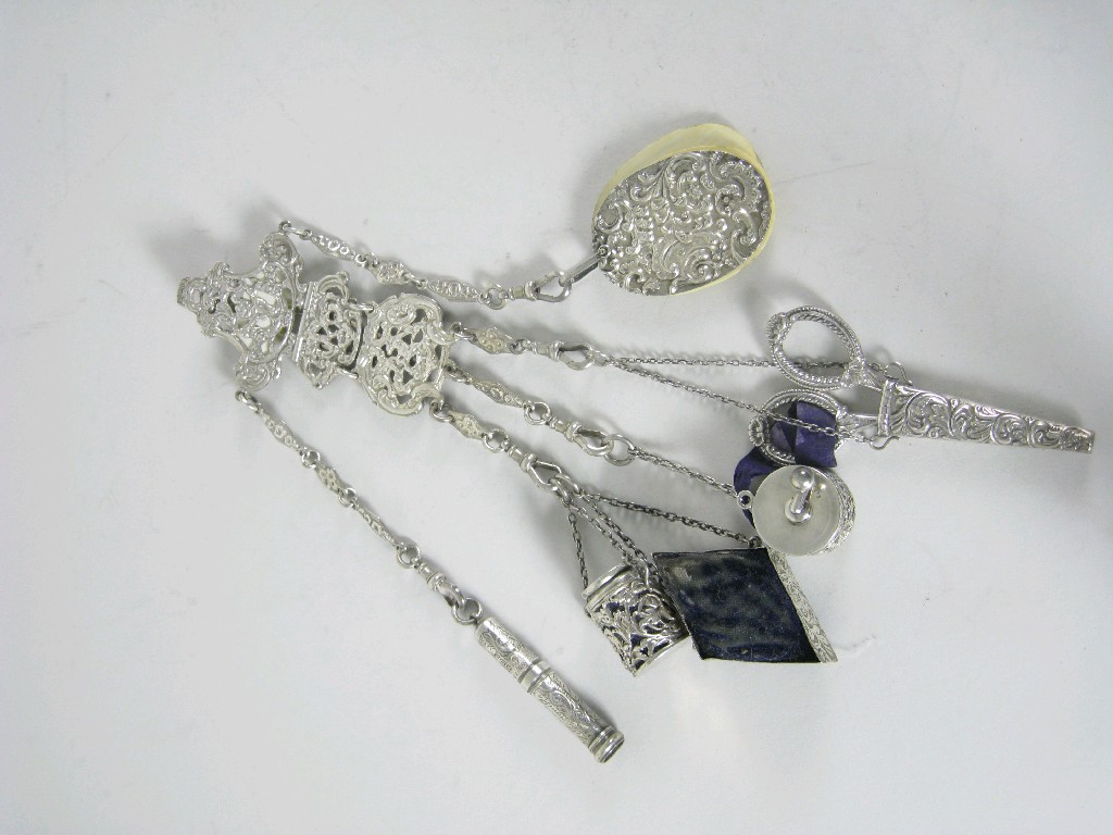 Appraisal: A Victorian Chatelaine with scissors pin cushion tape measure note