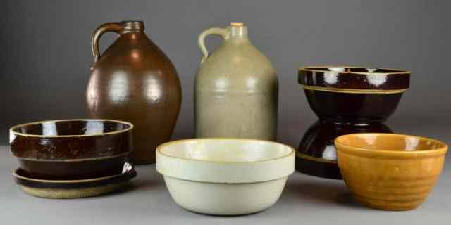 Appraisal: American Salt Glazed Jugs BowlsIncluding one brown ovoid and one