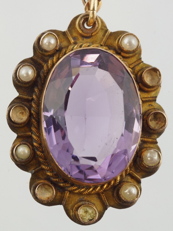 Appraisal: K YG pendant amethyst color stone surrounded by seed pearls