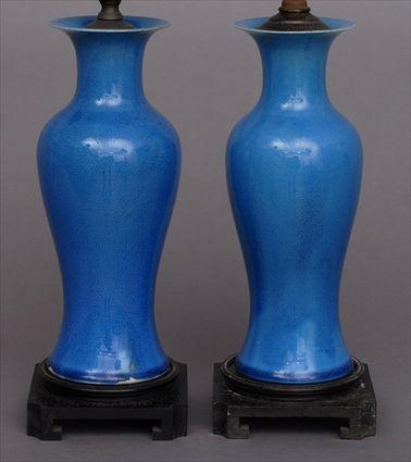 Appraisal: PAIR OF CHINESE BLUE-GLAZED PORCELAIN VASES MOUNTED AS LAMPS Each