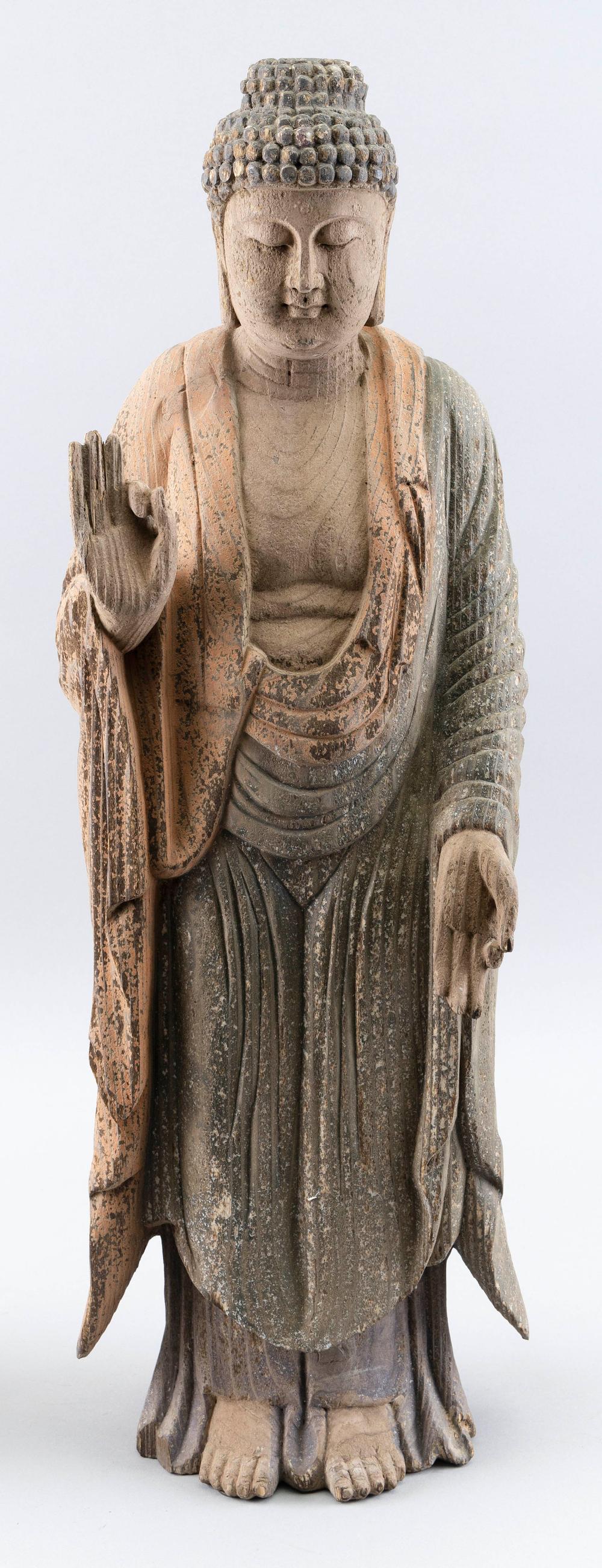 Appraisal: CHINESE CARVED WOOD FIGURE OF ABHAYA BUDDHA TH CENTURY HEIGHT