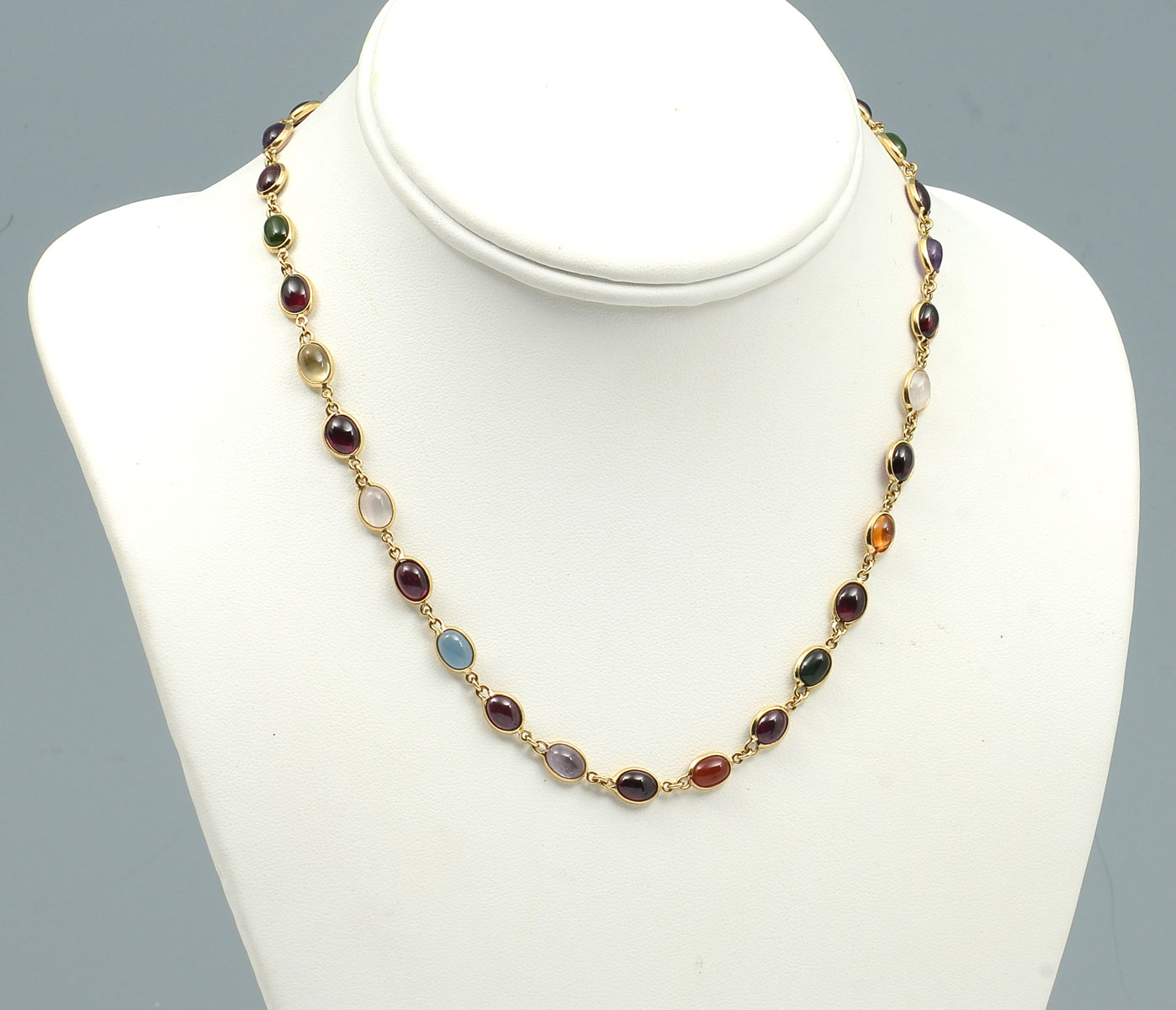 Appraisal: K MID-CENTURY '' MULTI-GEM NECKLACE garnet jade moonstone citrine and