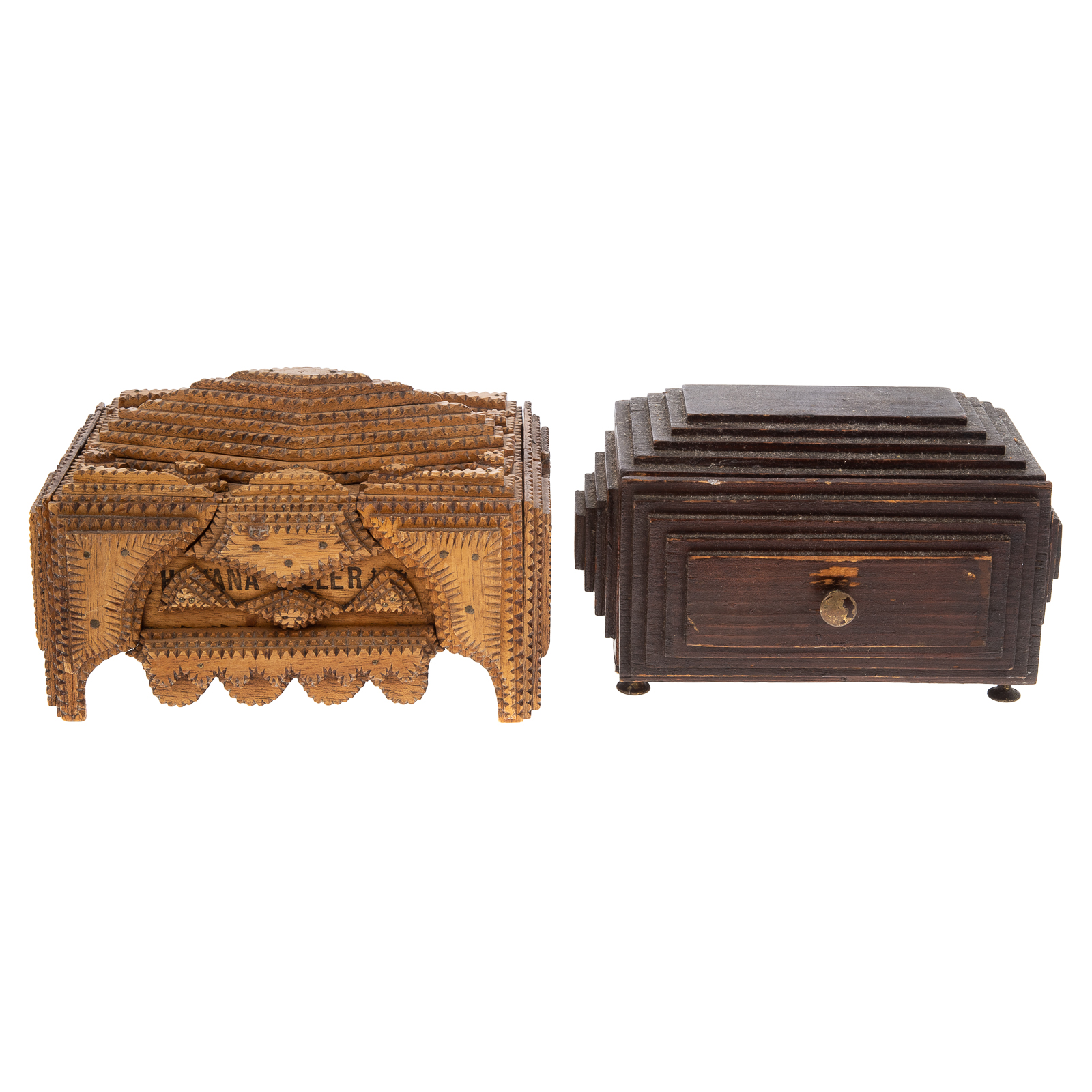 Appraisal: TWO TRAMP ART HINGED BOXES One notch carved Size of