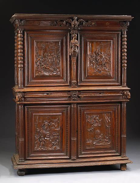 Appraisal: A Louis XIV walnut cabinet a deux corps The cavetto