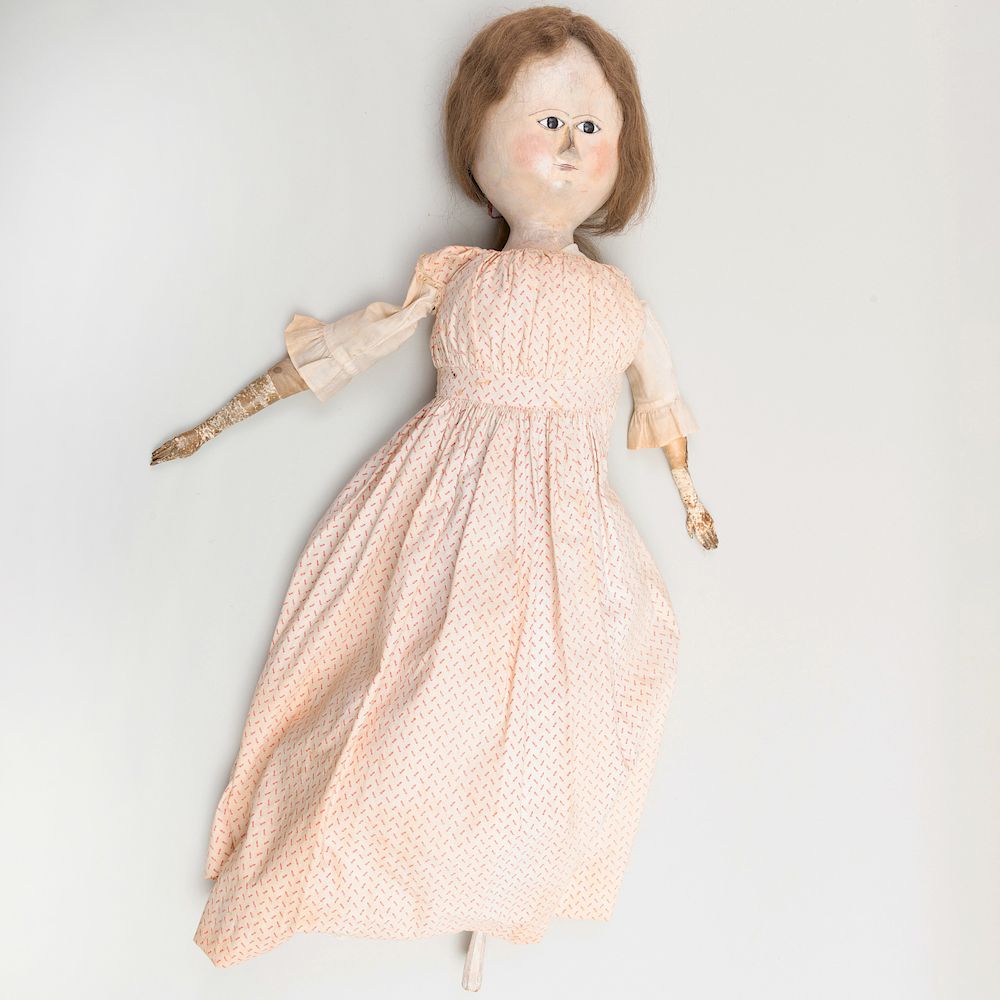 Appraisal: American 'Queen Anne' Painted Wood Leather Glass and Fabric Doll