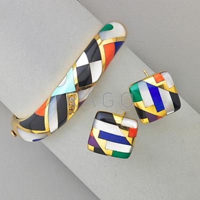 Appraisal: ASCH GROSSBART INLAID GOLD BRACELET AND EARRINGS Geometric mosaic with