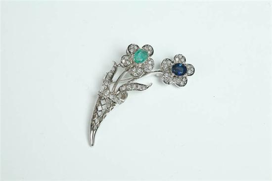 Appraisal: DIAMONDS EMERALD AND SAPPHIRE BROOCH Hallmarked K Wirework posy pocket