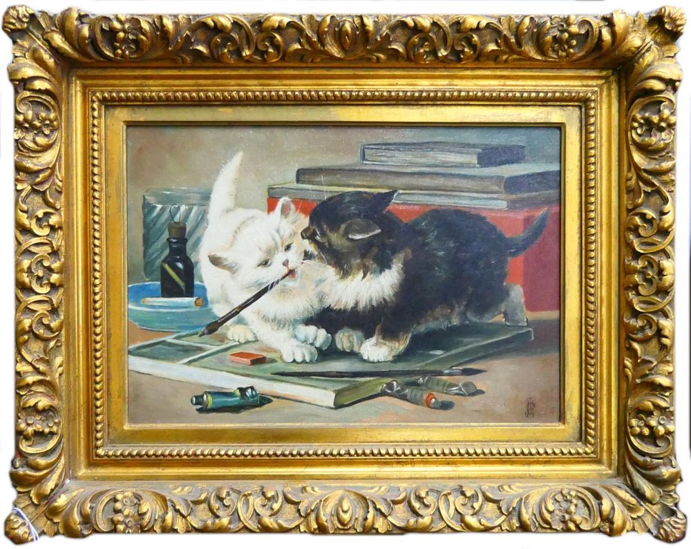 Appraisal: ANTIQUE OIL PAINTING OF CATS SIGNED IN INITIALS Signed tch