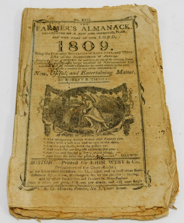 Appraisal: MASSACHUSETTS FARMER'S ALMANAC Massachusetts Printed by E G House for