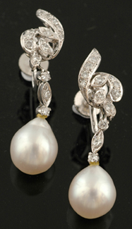 Appraisal: A pair of cultured pearl and diamond drop earrings The