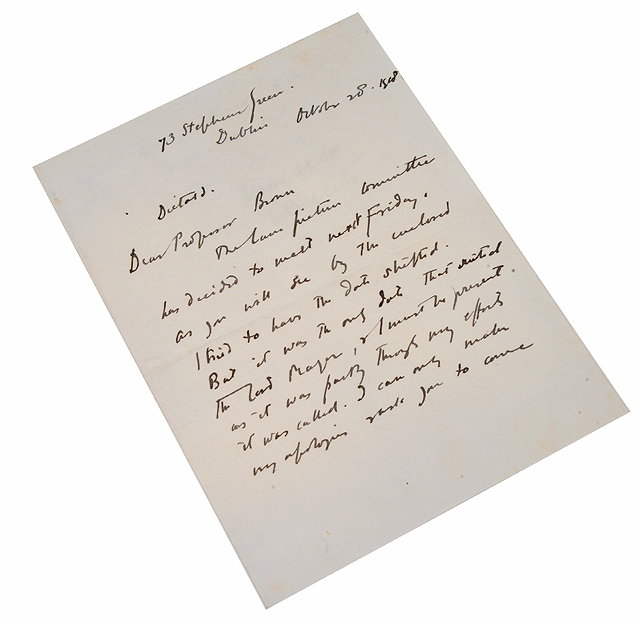 Appraisal: YEATS William Butler - A MS dictated letter to Professor