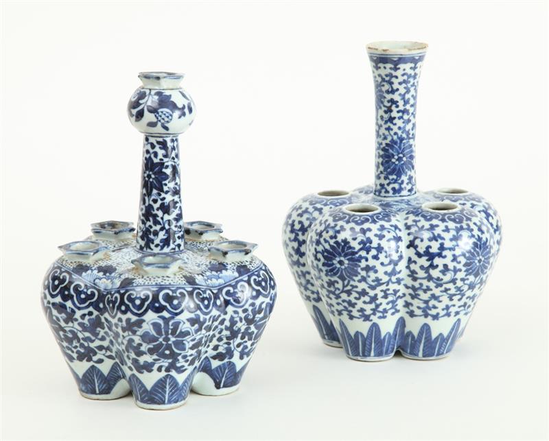 Appraisal: TWO SIMILAR CHINESE BLUE AND WHITE PORCELAIN PENTAFOIL CROCUS POTS