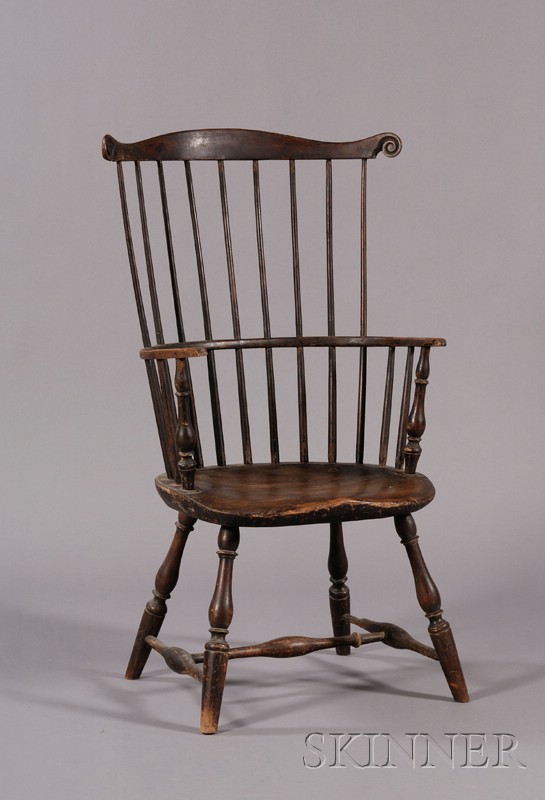 Appraisal: Brown-painted Knuckle-arm High-back Windsor Armchair Massachusetts or Rhode Island c