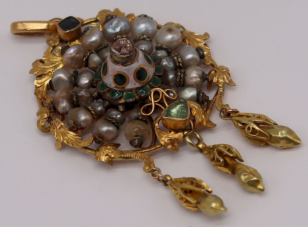 Appraisal: JEWELRY kt Gold Pearl Emerald and Diamond Pendant Antique Etruscan