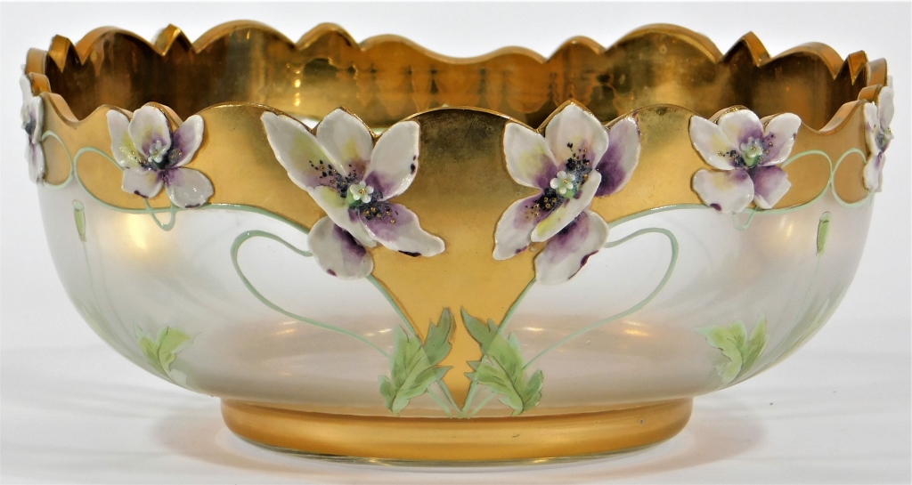 Appraisal: MOSER GILT RAISED ENAMEL PANSY ART GLASS BOWL Czechoslovakia Circa