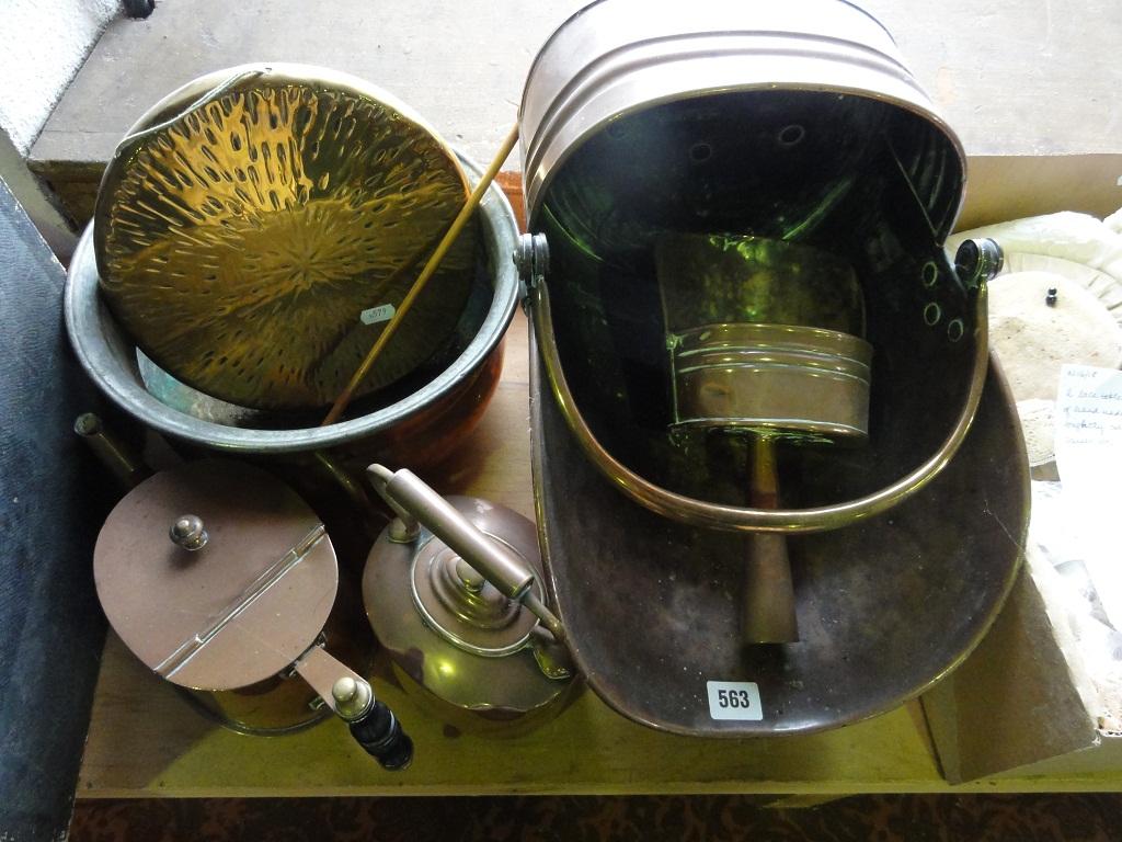 Appraisal: A copper coal scuttle with shovel two copper kettles a