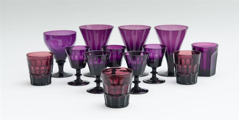 Appraisal: GROUP OF ENGLISH AMETHYST GLASS DRINKING VESSELS Comprising five eleven-sided