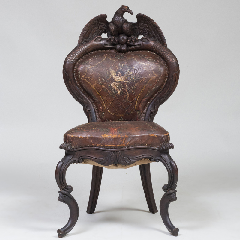 Appraisal: Victorian Carved Oak and Leather Side Chair x x in