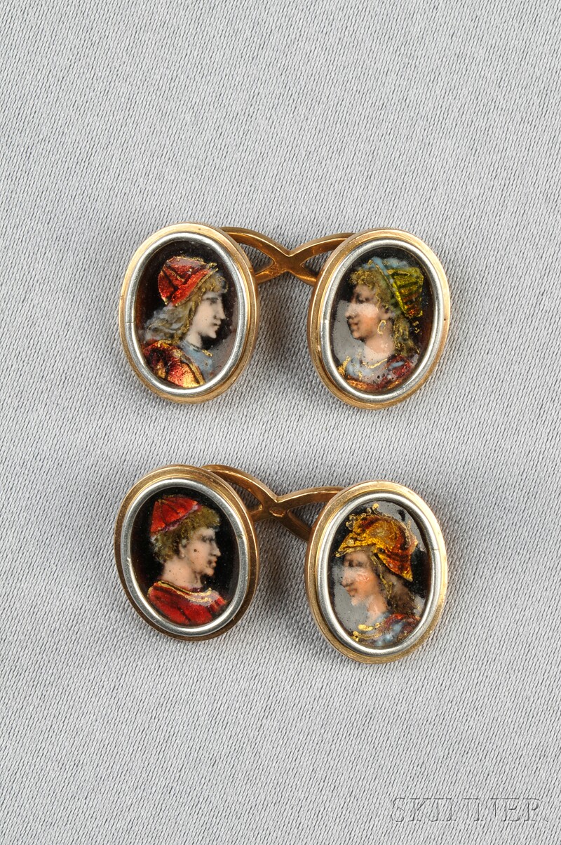 Appraisal: Antique kt Gold and Limoges Enamel Cuff Links France each