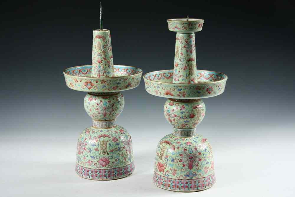 Appraisal: PAIR CHINESE ALTAR CANDLESTICKS - Porcelain Altar Candlesticks with overall