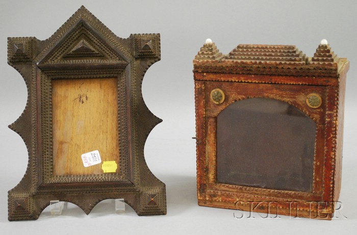 Appraisal: Tramp Art Notch-carved Wooden Frame and Small Notch-carved and Glazed