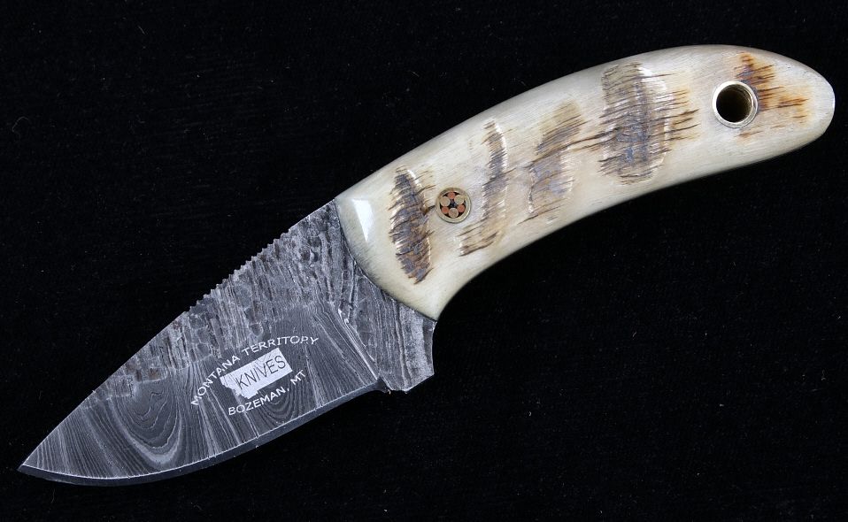 Appraisal: M T Knives of Bozeman Rams Horn Damascus Knife This